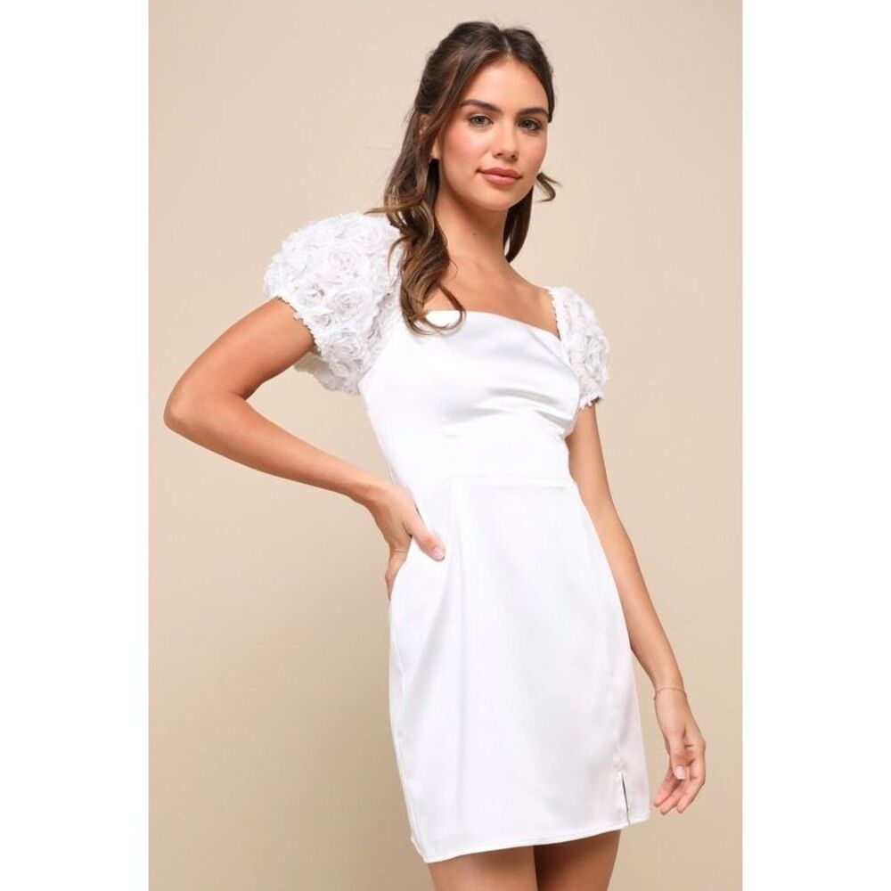 Lulus Precious Enchantment White Satin Floral Puff Sleeve Mini Dress - Size L